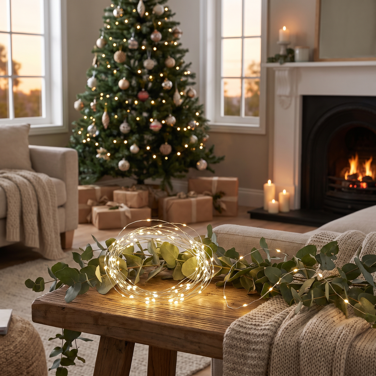 Warm White Twinkle Micro LED Lights on Silver Wire – 100 LED, 4.9m – styled in a room
