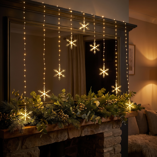 Warm White Snowflake LED Curtain Lights – 1.2m – styled in a room