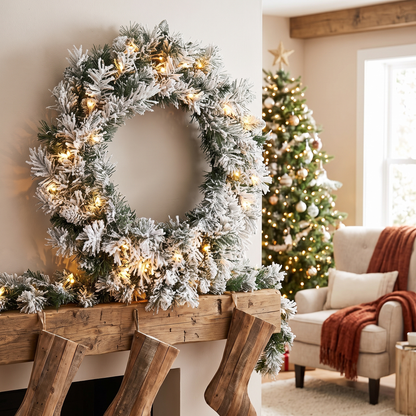 Pre-Lit Snow-Flocked Spruce Christmas Wreath – 60cm – styled in a room