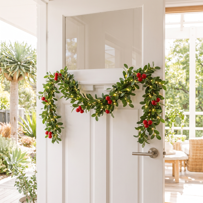 Battery LED Holly & Berry Christmas Garland – 3m – styled in a room