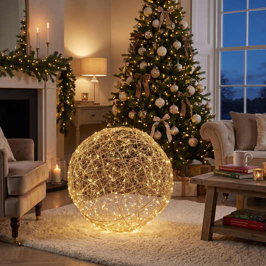 Illuminated Metal Christmas Sphere – 40cm, 720 LED – styled in a room