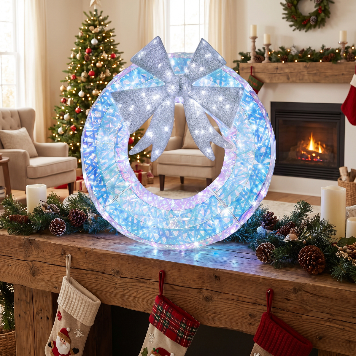 Iridescent LED Light-Up Wreath with Silver Bow – 90cm – styled in a room
