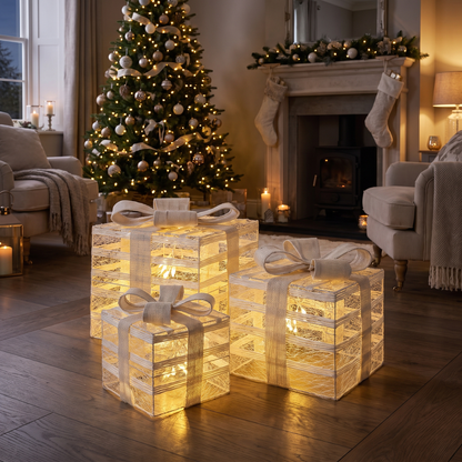 Pre-Lit Wrapped Gift Box Trio – 26cm – styled in a room