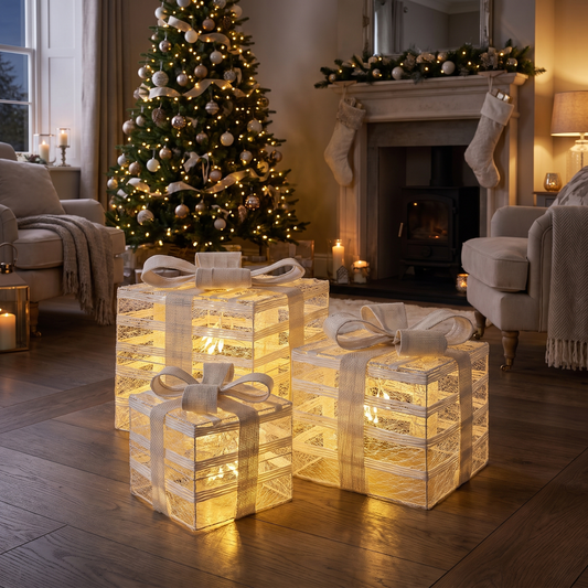 Pre-Lit Wrapped Gift Box Trio – 26cm – styled in a room
