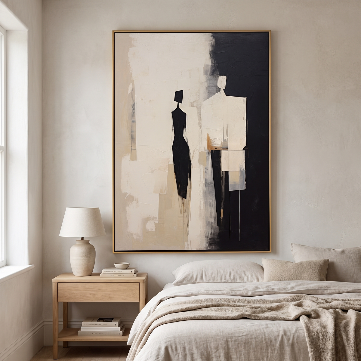 Quiet Figures Beige & Black Minimalist Canvas – Hand-Painted Wall Art – styled in a room