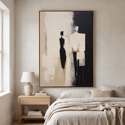 Quiet Figures Beige & Black Minimalist Canvas – Hand-Painted Wall Art – styled in a room