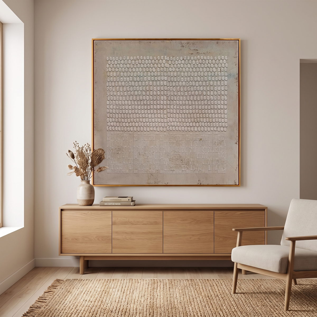 Taupe Stone Textured Wabi-Sabi Canvas – Hand-Painted Japandi Wall Art – styled in a room