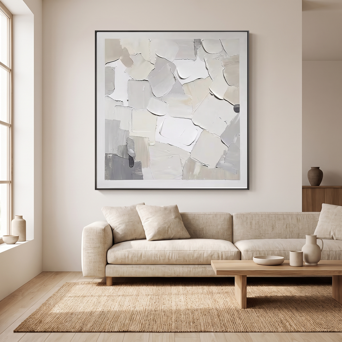 White Patches Plaster Textured Abstract Canvas – Hand-Painted Wall Art – styled in a room