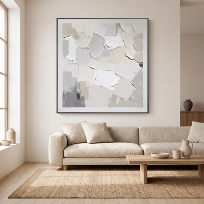 White Patches Plaster Textured Abstract Canvas – Hand-Painted Wall Art – styled in a room