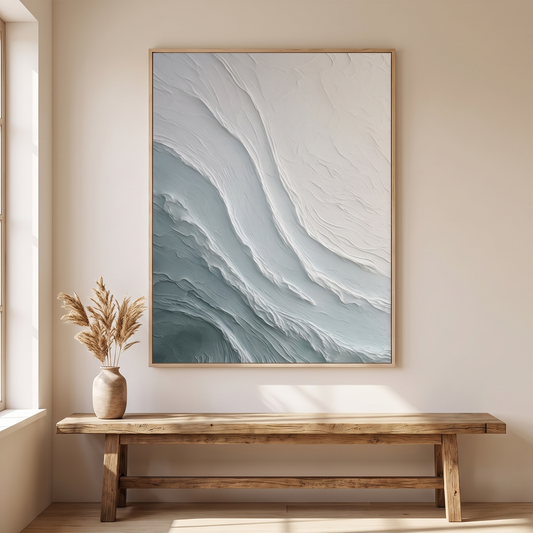 Tidal Blue Wave Textured Minimalist Canvas – Hand-Painted Plaster Art – styled in a room