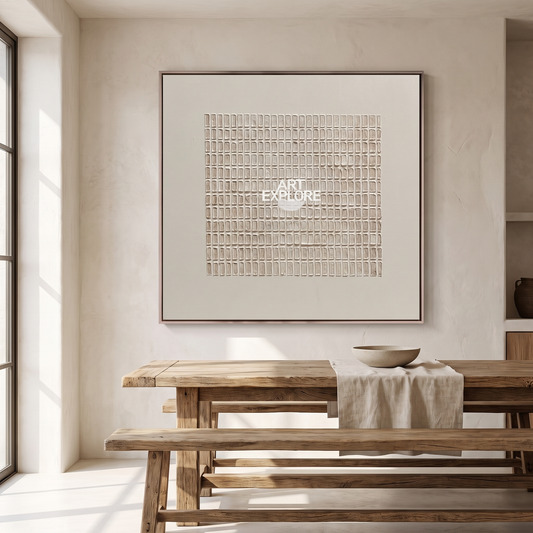 Sandstone 3D Beige Plaster Minimalist Canvas – Hand-Painted Wall Art – styled in a room