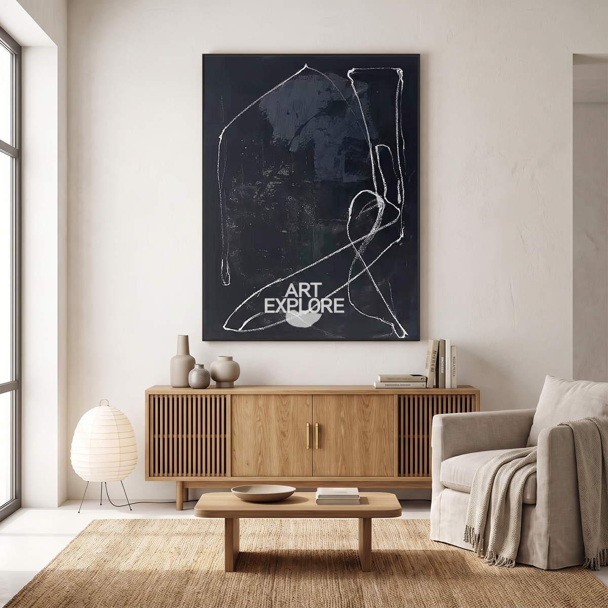 Onyx Black Textured Minimalist Canvas – Hand-Painted Abstract Wall Art – styled in a room