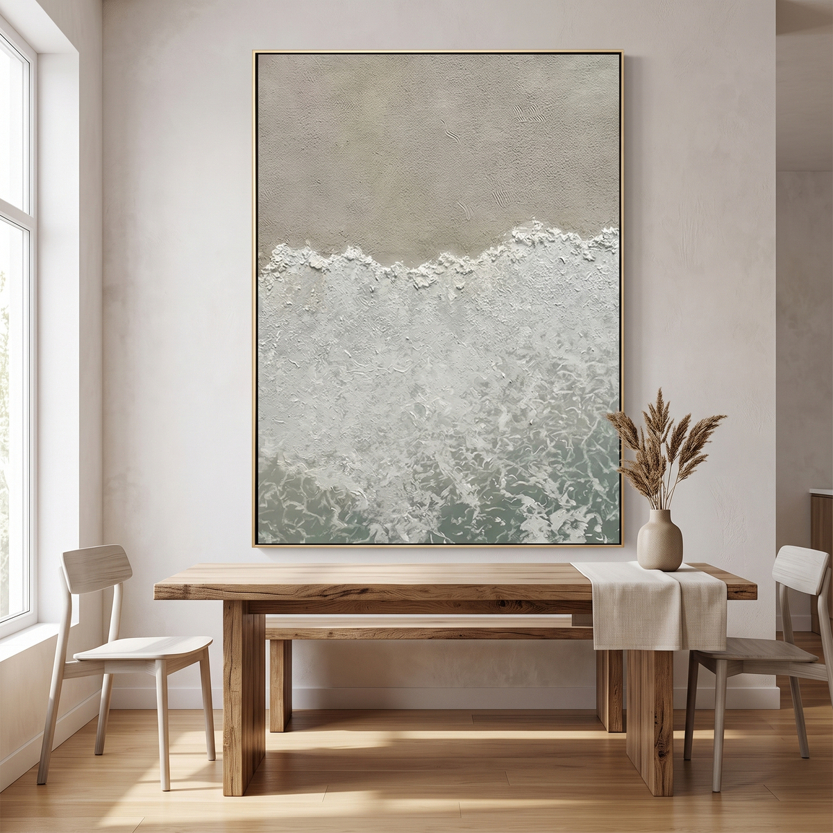 White Surf 3D Ocean Wave Textured Canvas – Hand-Painted Wabi-Sabi Art – styled in a room