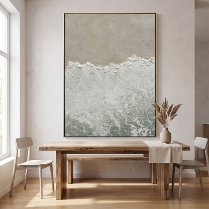 White Surf 3D Ocean Wave Textured Canvas – Hand-Painted Wabi-Sabi Art – styled in a room