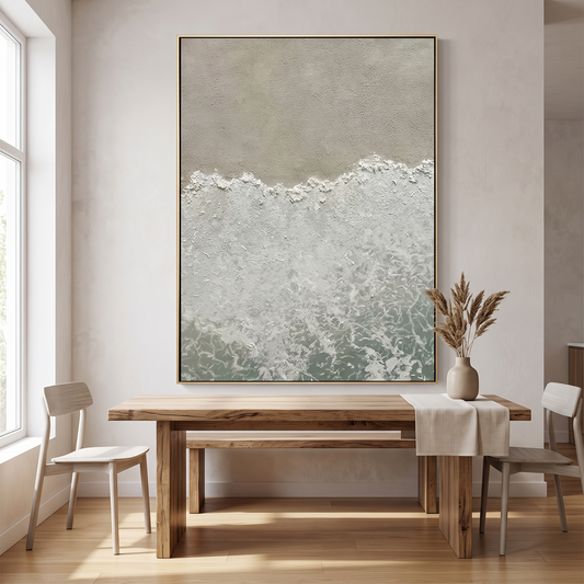 White Surf 3D Ocean Wave Textured Canvas – Hand-Painted Wabi-Sabi Art – styled in a room