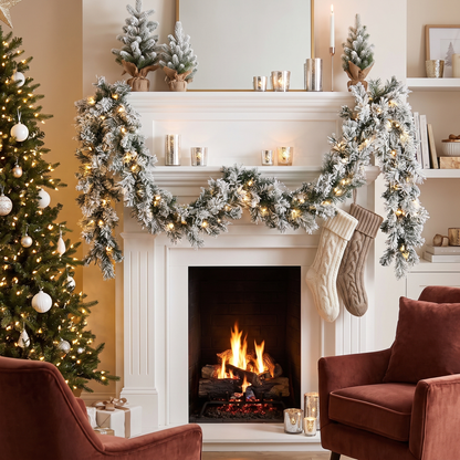 Pre-Lit Snow-Flocked Spruce Christmas Garland – 2.7m – styled in a room