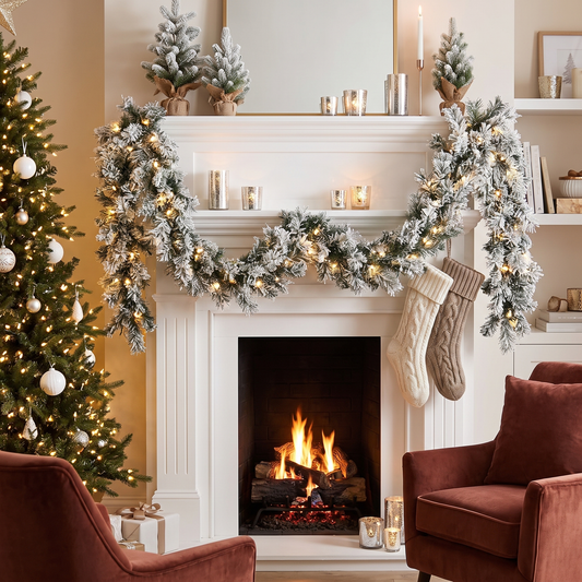 Pre-Lit Snow-Flocked Spruce Christmas Garland – 2.7m – styled in a room