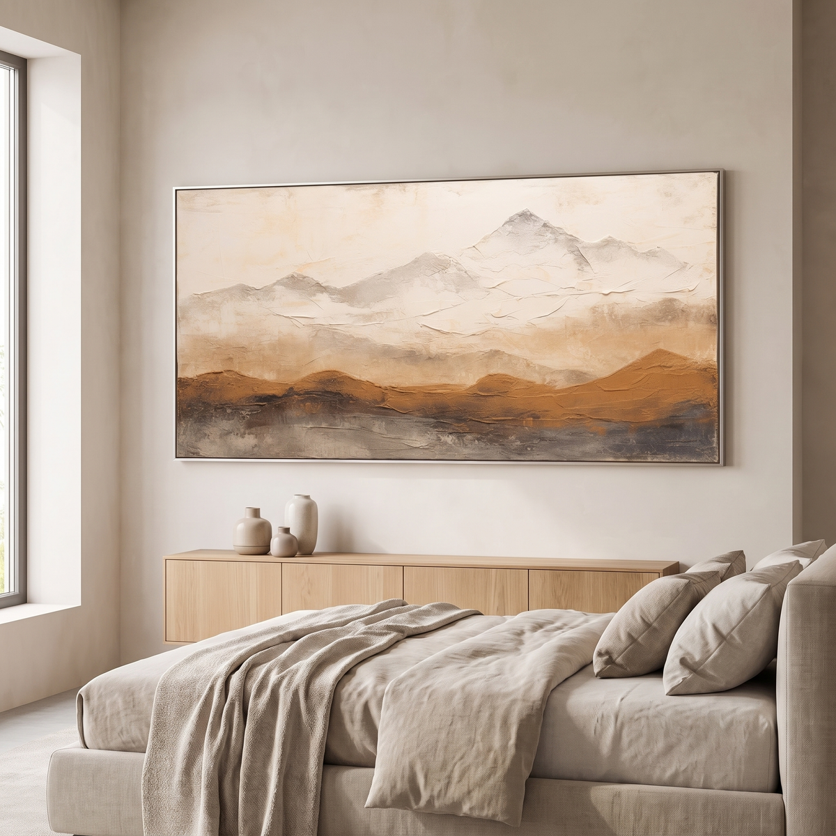 Mountain Ridge Brown & Beige Textured Canvas – Hand-Painted Panoramic Art – styled in a room