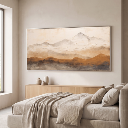 Mountain Ridge Brown & Beige Textured Canvas – Hand-Painted Panoramic Art – styled in a room