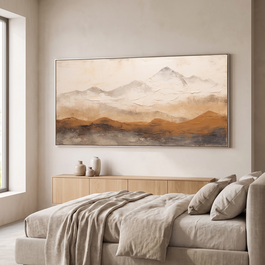 Mountain Ridge Brown & Beige Textured Canvas – Hand-Painted Panoramic Art – styled in a room