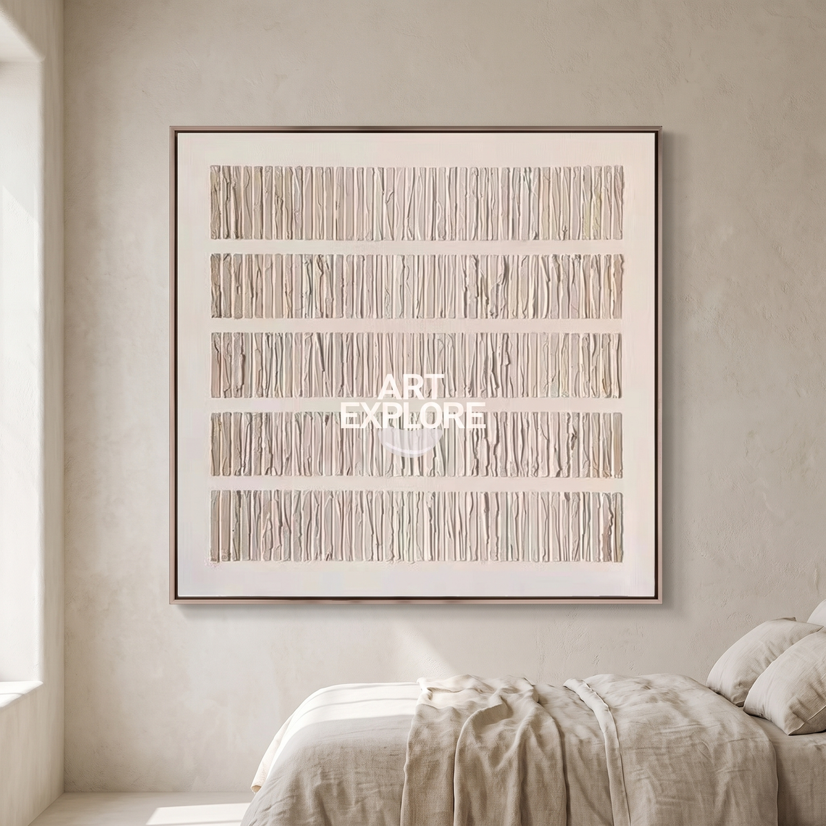 Oat Beige Rich-Texture Minimalist Canvas – Hand-Painted Wabi-Sabi Art – styled in a room