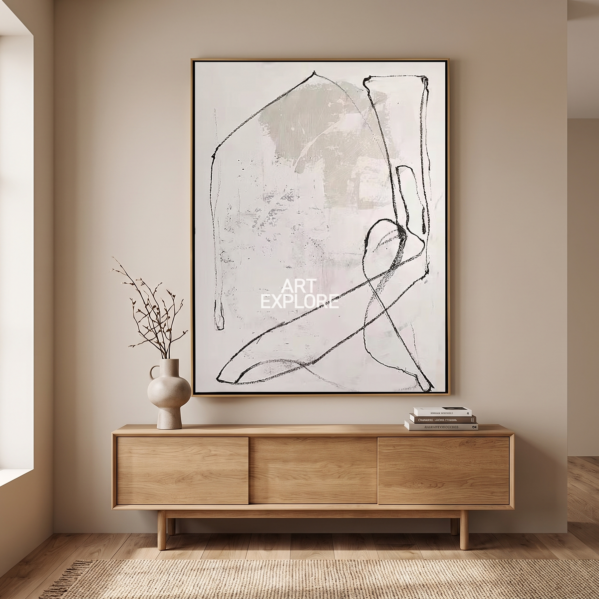 White Line Wabi-Sabi Textured Minimalist Canvas – Hand-Painted Art – styled in a room