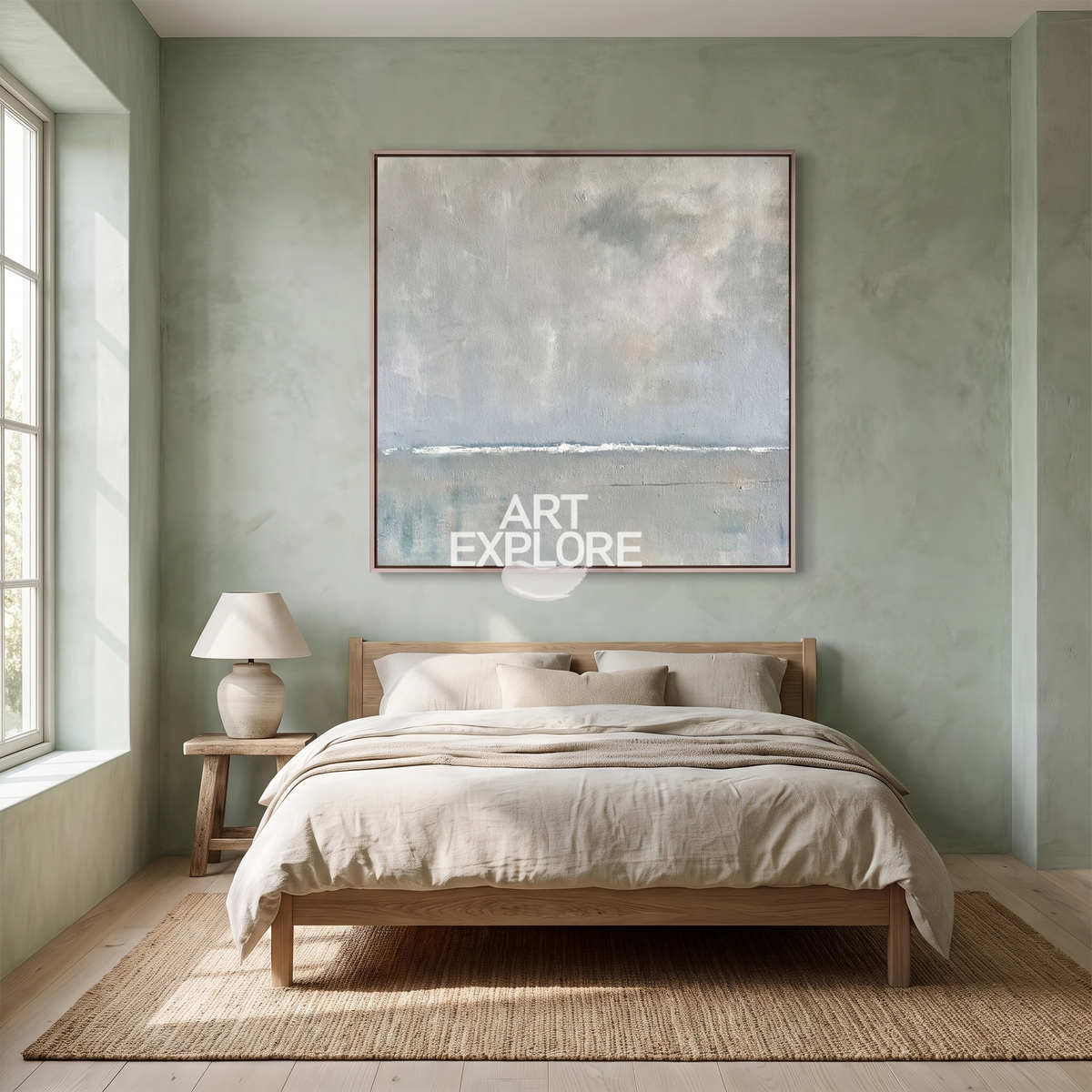 Sage Green Thick-Texture Minimalist Canvas – Hand-Painted Abstract Art – styled in a room