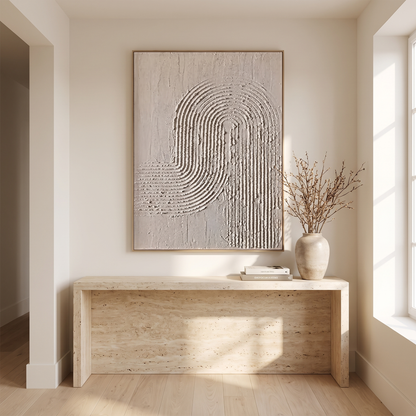 Arc Relief Neutral Minimalist Textured Canvas – Hand-Painted Wall Art – styled in a room