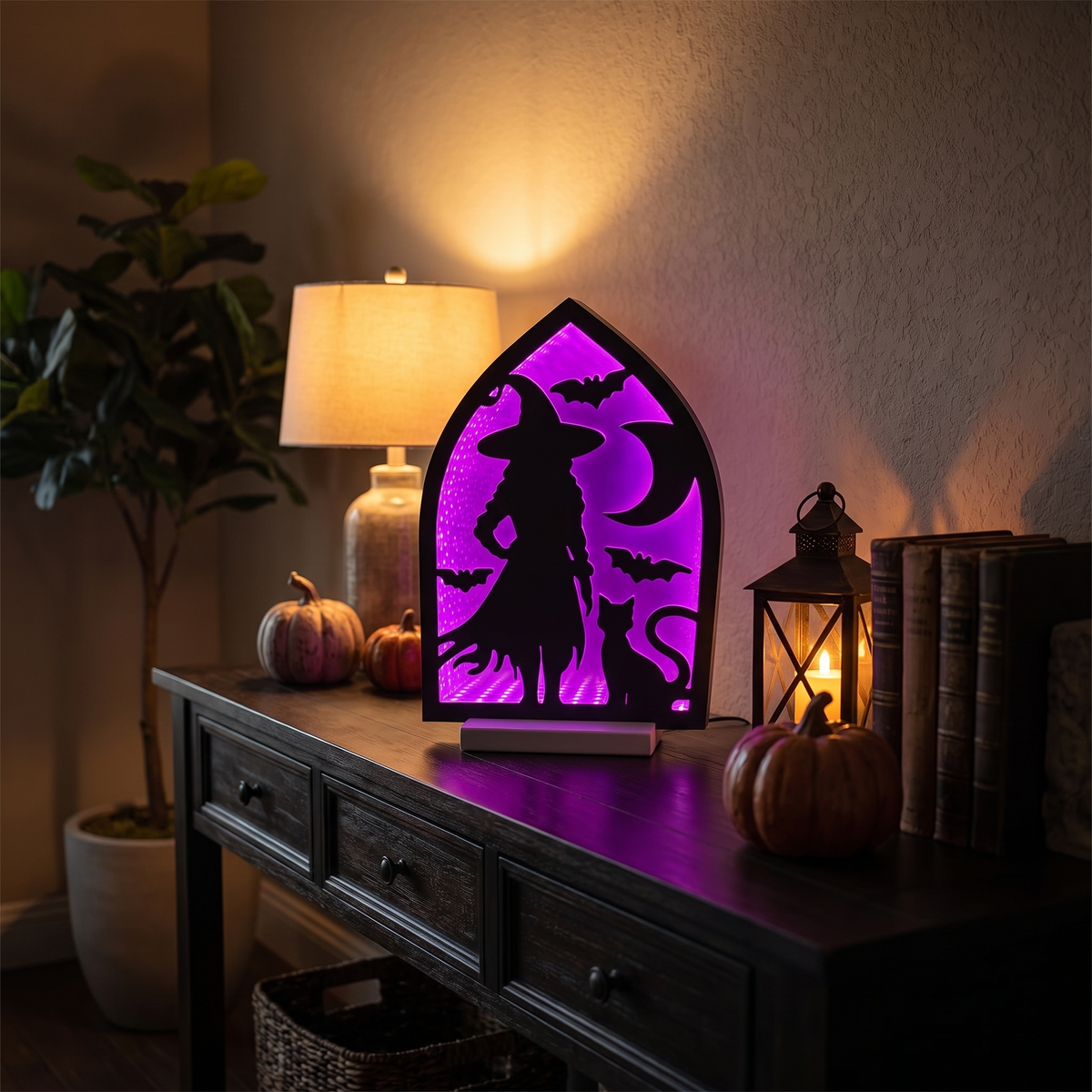 Witch & Black Cats Infinity Light – 30cm Acrylic Halloween Decor – styled in a room