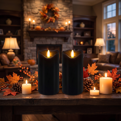 Black Real Wax Flameless Pillar Candles with Remote – Set of 2 – styled in a room