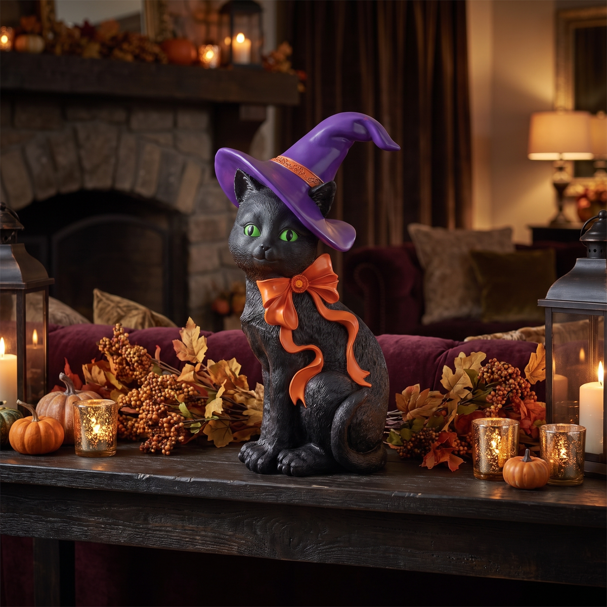 Black Cat in Witch Hat Figurine – 34cm Resin Halloween Decor – styled in a room