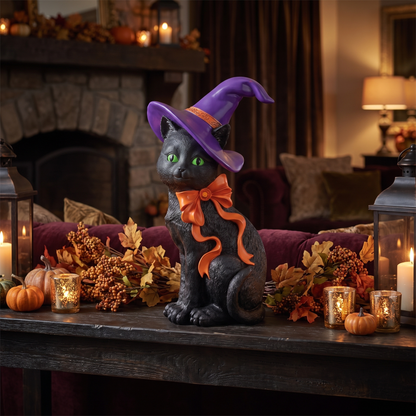 Black Cat in Witch Hat Figurine – 34cm Resin Halloween Decor – styled in a room