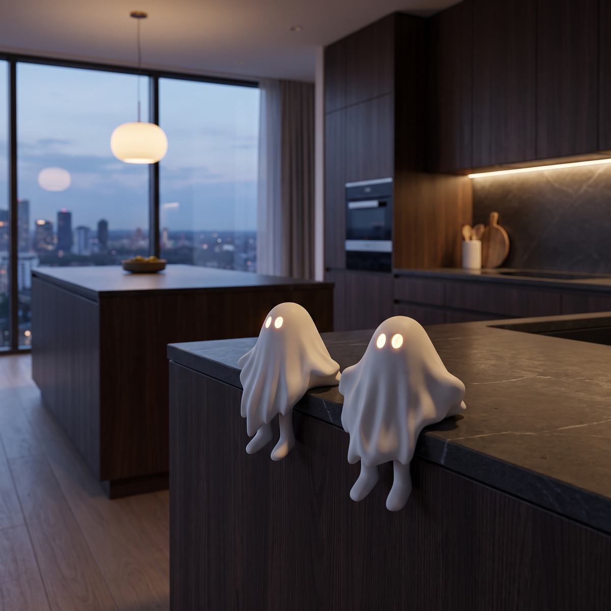 Shelf-Sitting LED Ceramic Ghosts – Set of 2 – styled in a room