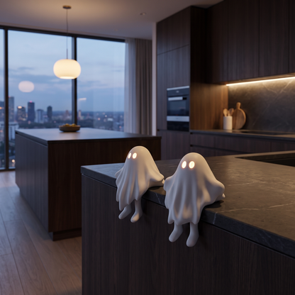 Shelf-Sitting LED Ceramic Ghosts – Set of 2 – styled in a room