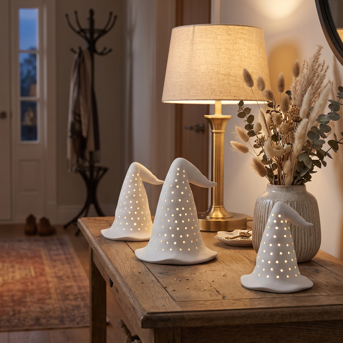LED Ceramic Witch Hats – Set of 3 – styled in a room