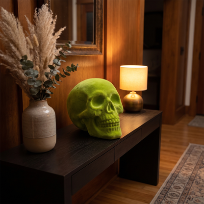 Velvet Flocked Skull Ornament – 24cm Neon Halloween Decor – styled in a room