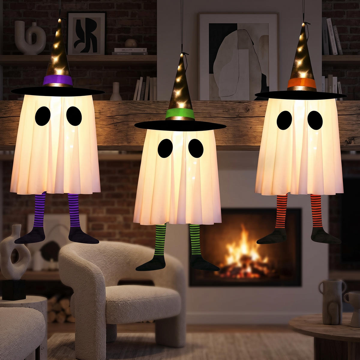 Hanging Witch Hat Ghost Lights – Set of 3 LED Halloween Decor – styled in a room