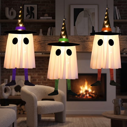 Hanging Witch Hat Ghost Lights – Set of 3 LED Halloween Decor – styled in a room