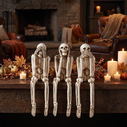 See No Evil, Hear No Evil, Speak No Evil Skeleton Figurines – Set of 3 – styled in a room
