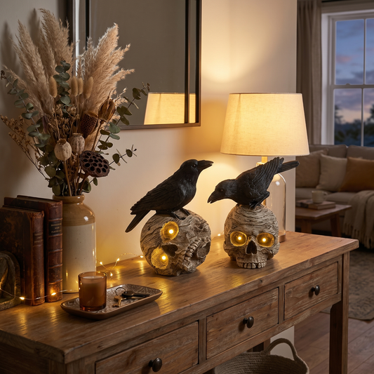 Crow on LED Skull Figurine with Timer – 19cm Halloween Decor – styled in a room