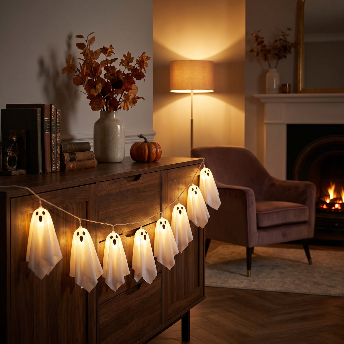 Floating Ghost String Lights – 10 LED Battery Halloween Lights – styled in a room