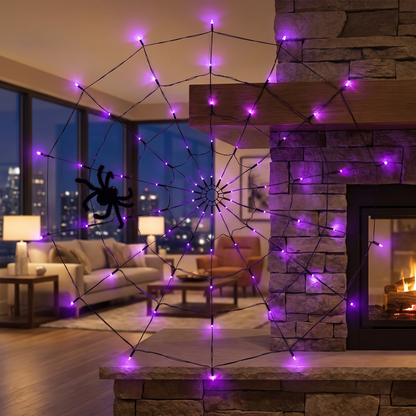 Purple LED Spider Web Light with Spider – 2m, 126 LED Halloween Lights – styled in a room