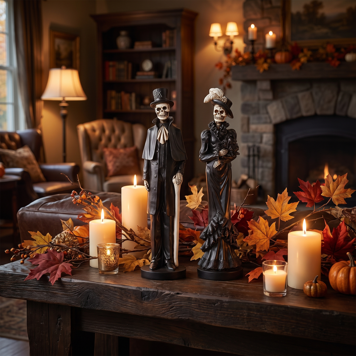 Mister & Madam Skeleton Figurine on Base – 30cm Resin Halloween Decor – styled in a room