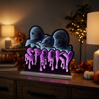 Triple Ghost Infinity Light – 39cm Acrylic Halloween Decor – styled in a room