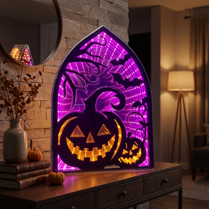 Pumpkins & Bats Infinity Light – 30cm Acrylic Halloween Decor – styled in a room