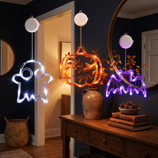 Pumpkin, Ghost & Bat LED Window Lights – Set of 3 Halloween Decor – styled in a room