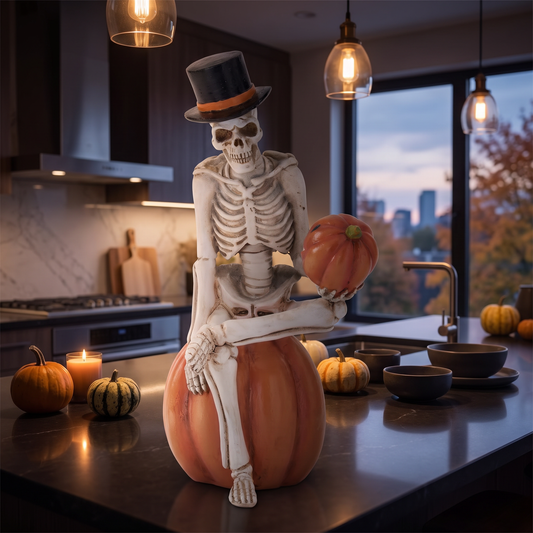 Skeleton Seated on Pumpkin Figurine – 23.5cm Resin Halloween Decor – styled in a room
