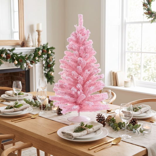 Pastel Pink Flocked Tabletop Christmas Tree – 45cm – styled in a room
