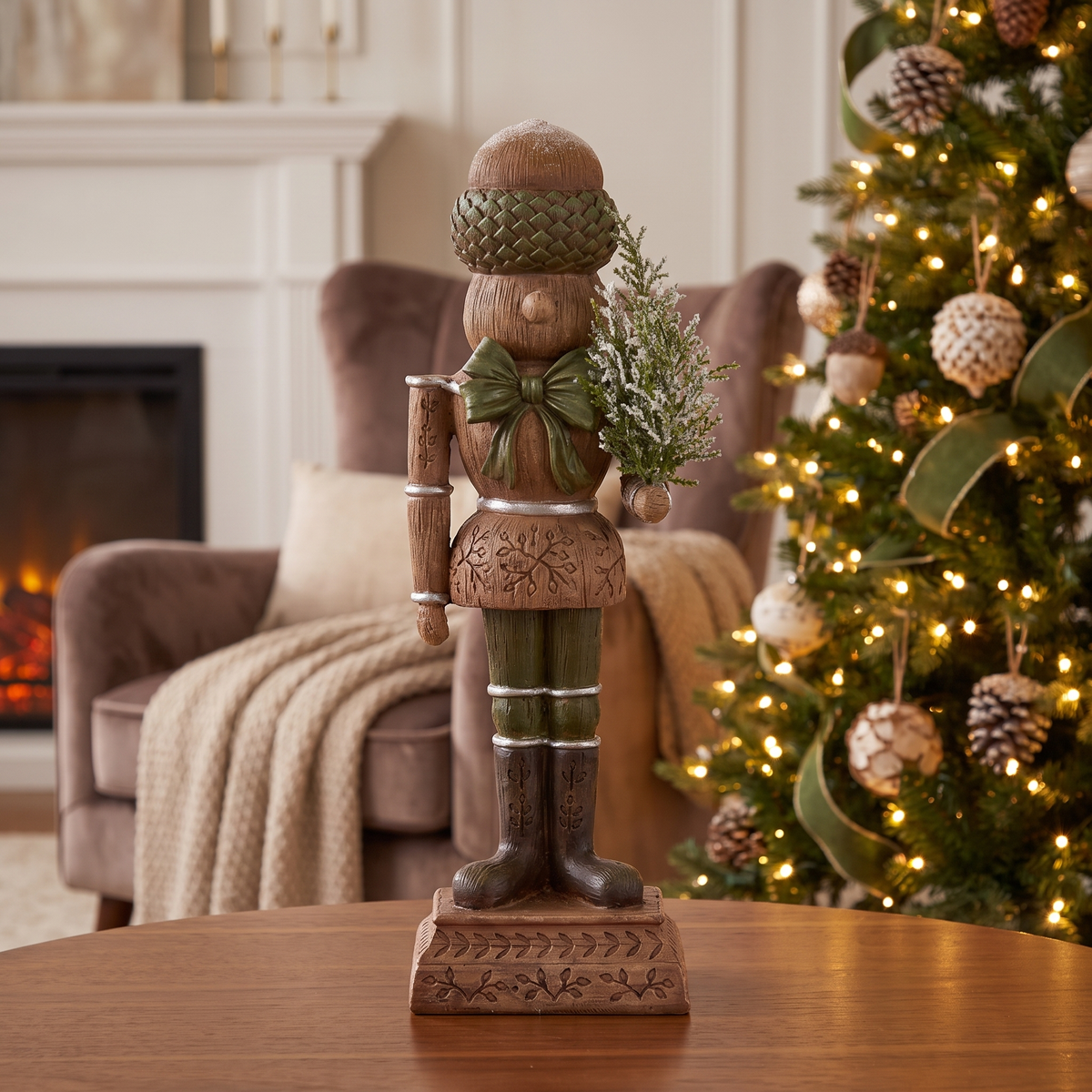 Pinecone Nutcracker Figurine with Tree – 30cm – styled in a room
