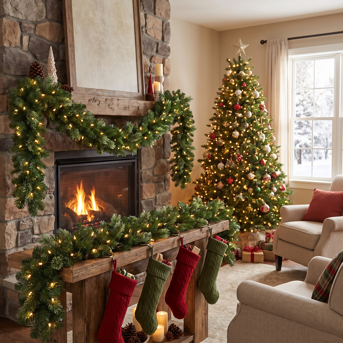 Pre-Lit Evergreen Fir Christmas Garland – 2.74m, 50 LED – styled in a room